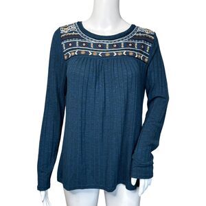 Artesia Shirt Womens Small Blue Ribbed Knit‎ Embroidered Casual Bohemian Peasant